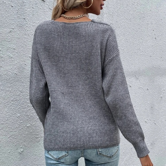 Gray faux wrap Boho knit sweater surplice - Picture 2 of 11